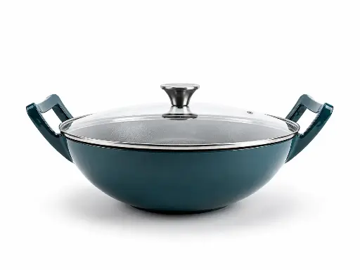[RHD9453] Wok 32cm (32x9cm) Cast Iron with Glass Lid - Turquoise