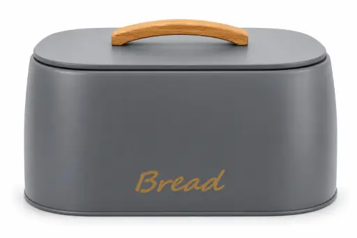[RHD9544] Bread Bin with Rubber Wood Handle – Grey (33.5W x 23.5D x 18.3H cm)