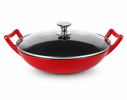 [RHD9557] Wok 32cm (32x9cm) Cast Iron with Glass Lid - Red