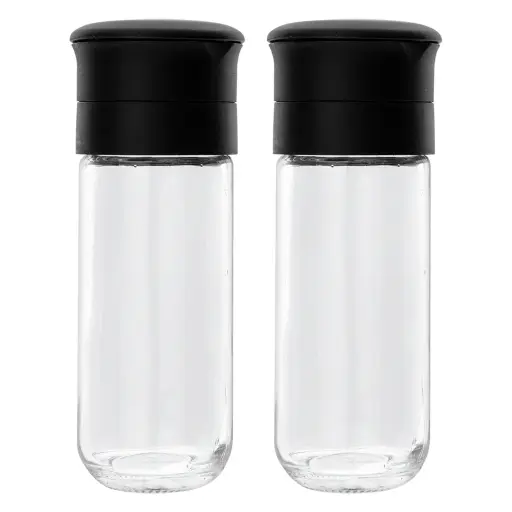 [RHD9569] Bottle 2pc Set 120ml Glass with Ceramic Grinders & Black Lid - 31375