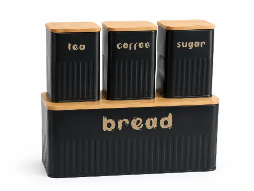 [RHD9616] Bread Bin & Canister 4pc Set Black Metal with Bamboo Lids - Classic