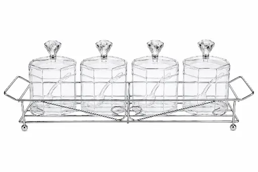 [RHD9623] Condiment Jar 4pc Set Acrylic Hexagonal Jars with Chrome Stand 