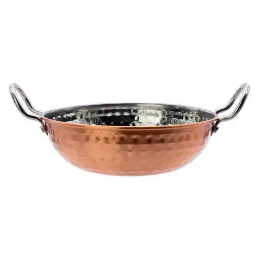 [RHD9656] Karahi Pan 16.5x5cm - 850ml Hammered Copper Outer Stainless Steel Inner with Handles - 41562