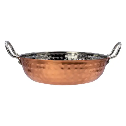 [RHD9657] Karahi Pan 18.5x5.5cm - 1.2lt Hammered Copper Outer Stainless Steel Inner with Handles - 41563