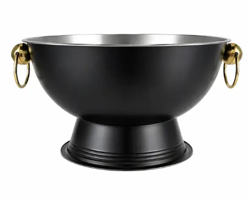 [RHD9692] Punch / Ice Bowl 40x23cm Plain Stainless Steel Footed with Gold Ring Handles - Black
