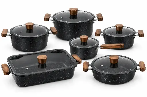 [RHD9761] Pot Set 10pc Aluminium Black Speckeled with Glass Lids and Brown Handles 