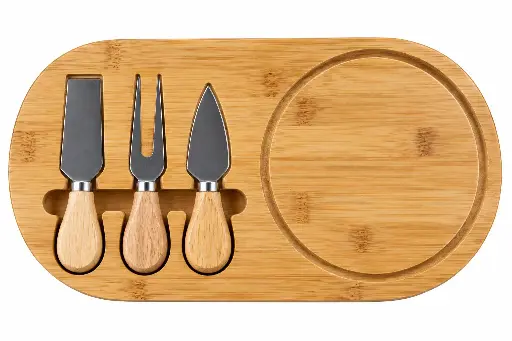 [RHD9825] Cheese Board 33x19cm Bamboo Oval With 3 Cheese Tools - 4161