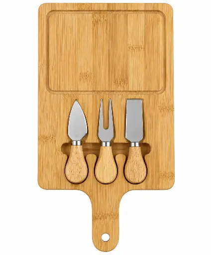 [RHD9826] Cheese Board 30x20cm Bamboo Rectangular with Handle & 3 Cheese Tools - 4162