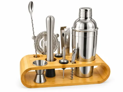 [RHD9842] Cocktail Shaker Set 10pc on Wooden Stand - 6014