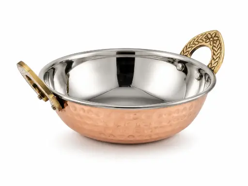 [P687] Karahi Pan 14x5cm Hammered Copper Outer Stainless Steel Inner with Brass Handles - 15172