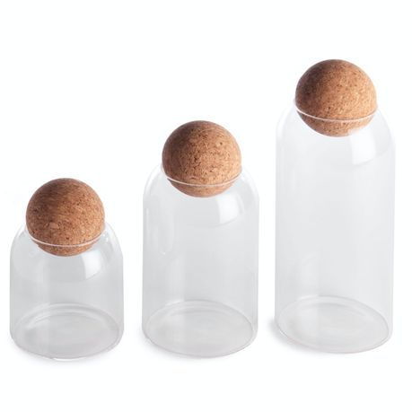 [GL2190-GL2191-GL2192] Cannister Set 3Pc (26/21/17Cm) Borisilicate Glass With Cork Ball Lid