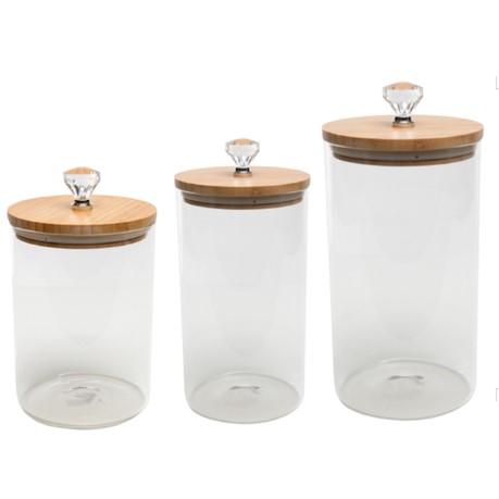 [GL2199] Canister 13X12Cm Borisilicate Glass With Bamboo Lid And Diamante Handle 27160