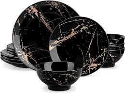 [D1385] Dinner Set 12pc Vers Black & Gold Rvt442/444