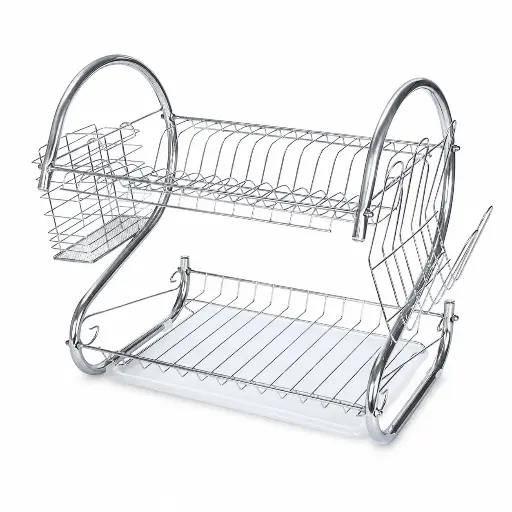 [Z199] Dish Rack 40x37x25cm 2 Tier Steel With Cutlery Caddy