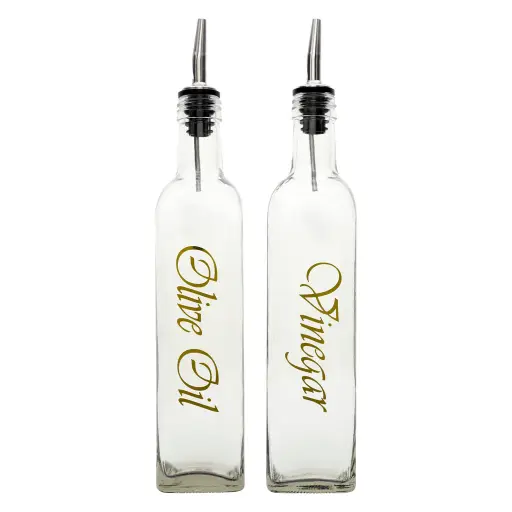 [GL1968] Oil & Vinegar 500ml 2pc Set Square Bottle With Gold Print and Pourer - 10334