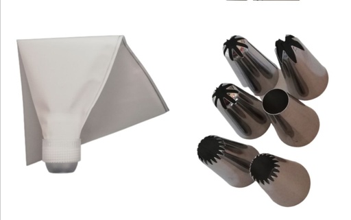 [KG1501] Cake Decorating Set 7Pc - Piping Bag And 6 Nozzles Stainless Steel - Bakers Prep FP-296