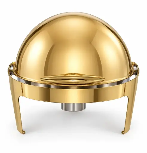 [SS461] Chafing Dish (47x44cm) Round Plain With Roll Top Lid Gold