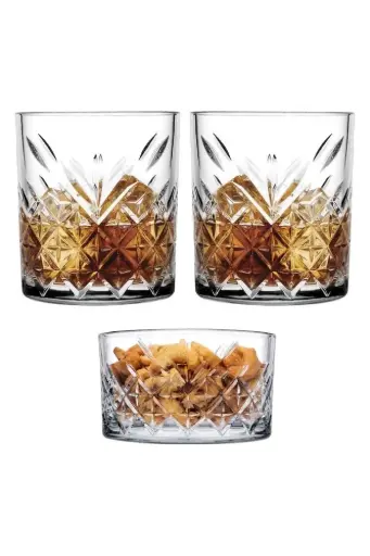 [GL2244] Whisky Glass (225ml) & Snack Bowl (345ml) 3pc Set Cut Glass - Timeless 96818