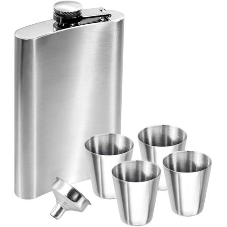 [Z132] Hip Flask & Shot Glass 6pc Set Stainless Steel 