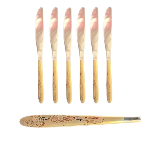 [CT316] Table Knife 6Pc Stainless Steel With Gold Handles Floral Pattern Syds-095