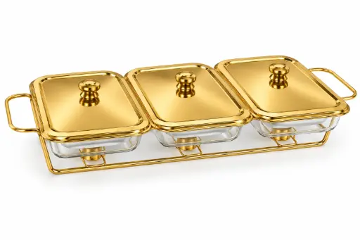 [SS535] Chafing Dish 3x1.5L Dishes With Warmer Gold
