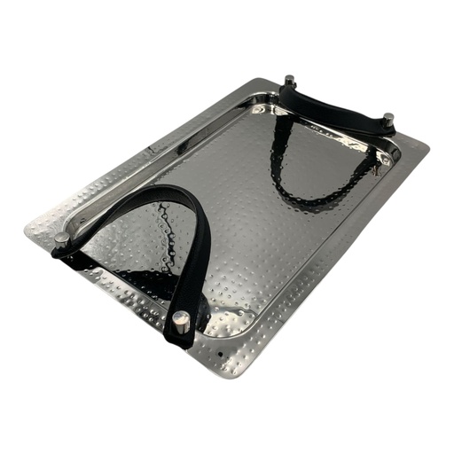 [SS547] Tray 43X28X2.5Cm Rectangular Hammered Ss With Leather Handles Met-336H-Lh