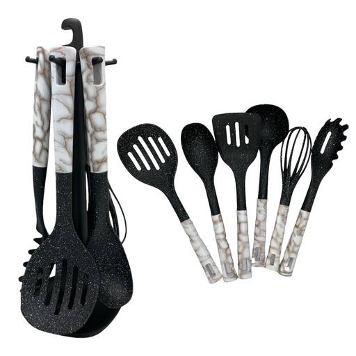 [RHD1715] Utensil 7PC Set Marble Look Nylon on Stand RHW HR915-1